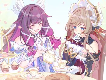 2girls ^_^ bare_shoulders black_collar black_hair black_sleeves blue_eyes blush bonnet bow bowtie brown_hair cake cake_slice cake_stand chair closed_eyes closed_mouth collar columbina_(genshin_impact) commentary cuckoo_ki cup cupcake detached_collar detached_sleeves dress food genshin_impact gloves gradient_hair hair_flaps hair_ornament hair_ribbon head_wings headdress highres holding holding_saucer holding_teapot long_hair long_sidelocks long_sleeves macaron multicolored_hair multiple_girls multiple_wings open_mouth petals purple_hair purple_streaks ribbon round_table sandrone_(genshin_impact) saucer scone short_hair short_hair_with_long_locks sidelocks sitting smile streaked_hair table tablecloth tea tea_party tea_set teacup teapot tiered_tray two-tone_hair very_long_hair white_dress white_headdress white_ribbon white_wings wing_hair_ornament wings wrist_bow yuri
