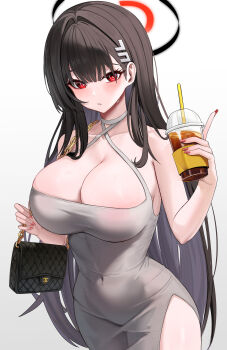 1girl absurdres bag bare_shoulders black_bag black_hair black_halo blue_archive blunt_bangs blush breasts bright_pupils bryuni chain cleavage collarbone commentary covered_groin covered_navel criss-cross_halter cup disposable_cup dress drink drinking_straw english_commentary fingernails gold_chain grey_dress hair_between_eyes hair_intakes hair_ornament halo halter_dress halterneck hand_up head_tilt highres holding holding_chain holding_drink impossible_clothes impossible_dress large_breasts long_fingernails long_hair looking_at_viewer millennium_science_school_logo multicolored_halo nail_polish parted_lips red_eyes red_nails ringed_eyes rio_(blue_archive) shoulder_bag side_slit sidelocks simple_background sleeveless sleeveless_dress solo standing sweatdrop thighs two-tone_halo very_long_hair white_background white_pupils