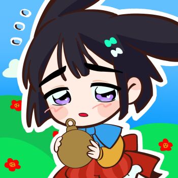 1girl alice&#039;s_adventures_in_wonderland alien_stage animal_ears black_hair blue_bow blue_bowtie blue_sky bow bowtie commentary english_commentary flower flying_sweatdrops grass highres holding holding_pocket_watch long_sleeves mirdilean open_mouth outline pocket_watch puffy_shorts purple_eyes rabbit_ears rabbit_girl red_flower red_shorts shirt short_hair shorts sky solo sua_(alien_stage) watch white_outline yellow_shirt