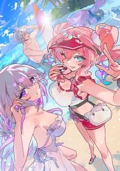 Rule 34 | 2boys, 2girls, anaxa (honkai: star rail), aqua eyes, aqua hair, beach, black shorts, blue sky, breasts, castorice (honkai: star rail), commentary, crop top, diving suit, dress, floating animal, green hair, highres, honkai: star rail, honkai (series), hyacine (honkai: star rail), large breasts, long hair, medium hair, mimlmi, multicolored hair, multiple boys, multiple girls, ocean, outdoors, palm tree, phainon (honkai: star rail), pink hair, purple eyes, purple hair, red shorts, revision, short hair, short shorts, shorts, sky, sundress, symbol-only commentary, topless male, tree, twintails, two-tone hair, white dress, white hair