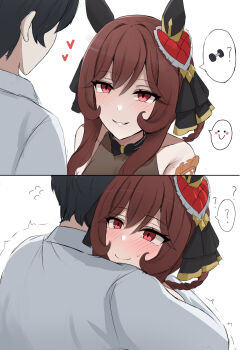 1boy 1girl animal_ears blush braid braided_hair_rings breasts brown_hair corset ear_covers ear_ornament gentildonna_(regina_dei_fiori)_(umamusume) gentildonna_(umamusume) hair_between_eyes hair_ornament hair_rings heart-shaped_ornament heart_ear_ornament hetero highres horse_ears horse_girl horse_tail hug large_breasts namikare red_corset red_eyes see-through_cleavage see-through_clothes simple_background smile tail trainer_(umamusume) umamusume