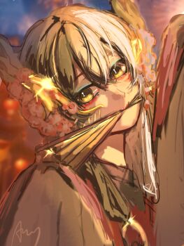 1boy aegyo_sal aerial_fireworks androgynous aqua_eyeshadow black_hair blue_sky chinese_clothes chinese_commentary closed_mouth commentary_request eyelashes eyeshadow festival fireworks flower folded_fan folding_fan glint grey_robe hair_between_eyes hair_extensions hair_flower hair_ornament hand_fan hand_up hanfu happy highres holding holding_fan infinity_nikki lantern long_hair long_sidelocks long_sleeves looking_at_viewer loose_hair_strand makeup male_focus marking_on_cheek mouth_hold multicolored_hair night nikki_(series) o-ring official_alternate_costume outdoors paper_lantern pink_flower red_hanfu robe sidelocks signature sky sleeves_past_fingers sleeves_past_wrists smile solo split-color_hair tan_youyou_(infinity_nikki) two-tone_hair upper_body white_hair yellow_eyes zai_ni_bali_tiaowu_de_you_caihua