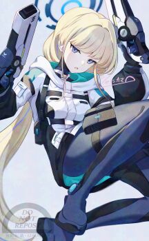 1girl absurdres blonde_hair blue_archive blue_bodysuit blue_eyes blue_halo bodysuit commentary_request grey_background halo highres jacket long_hair official_alternate_costume simple_background solo syanikamaboko thighs toki_(armed)_(blue_archive) toki_(blue_archive) white_jacket