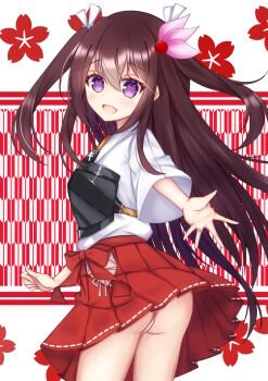 1girl ass brown_hair cosplay cvtm hair_ornament hakama hakama_short_skirt hakama_skirt highres japanese_clothes kantai_collection kisaragi_(kancolle) long_hair long_sleeves looking_at_viewer muneate open_mouth panties pleated_skirt purple_eyes red_background skirt smile solo twintails underwear white_background white_panties wide_sleeves zuikaku_(kancolle) zuikaku_(kancolle)_(cosplay)