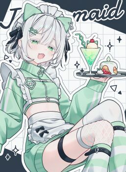 1girl absurdres animal_ears apron asymmetrical_legwear belt black_belt black_ribbon cat_ears colored_eyelashes diamond-shaped_pupils diamond_(shape) fake_animal_ears fang fishnet_thighhighs fishnets food_request frilled_apron frills green_eyes green_jacket green_leg_warmers green_skirt hair_ornament hair_ribbon hairclip half-closed_eyes highres holding holding_tray jacket jersey_maid leg_belt leg_warmers light_blush looking_at_viewer maid maid_headdress mismatched_legwear namin_(anjpzaobmhbppxs) open_mouth original outline ribbon short_hair skin_fang skirt smile solo sparkle striped_leg_warmers symbol-shaped_pupils thigh_strap thighhighs tray unconventional_maid white_apron white_hair white_leg_warmers white_outline white_thighhighs