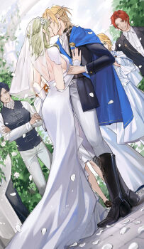 2girls 3boys absurdres alternate_costume ascot ass backless_dress backless_outfit black_boots black_hair black_jacket black_suit black_vest blonde_hair blue_cape boots braid breasts bride cape closed_eyes collared_shirt commentary_request couple crossed_arms dimitri_alexandre_blaiddyd dimitri_alexandre_blaiddyd_(timeskip) dress dutch_angle facing_another falling_petals felix_hugo_fraldarius felix_hugo_fraldarius_(timeskip) female_byleth_(awakened)_(fire_emblem) female_byleth_(fire_emblem) fire_emblem fire_emblem:_three_houses formal_clothes green_eyes green_hair groom hetero highres husband_and_wife ingrid_brandl_galatea ingrid_brandl_galatea_(timeskip) jacket kiss knee_boots long_sleeves looking_at_another medium_breasts medium_hair multiple_boys multiple_girls nintendo open_clothes open_jacket orange_hair outdoors owl_taro pants petals shirt sideboob smile standing suit sylvain_jose_gautier sylvain_jose_gautier_(timeskip) veil vest wedding wedding_dress white_ascot white_pants white_petals white_shirt