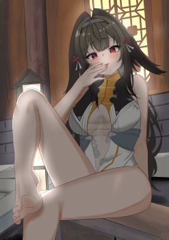 1girl bare_shoulders barefoot blush breasts brown_hair china_dress chinese_clothes clover clover_hair_ornament commentary_request dress finger_to_tongue foot_on_own_leg grey_hairband hair_intakes hair_ornament hairband highres isanaisana lantern long_hair looking_at_viewer medium_breasts outdoors red_eyes see-through_clothes sitting sleeveless sleeveless_dress solo toes tongue white_dress ye_shunguang zenless_zone_zero