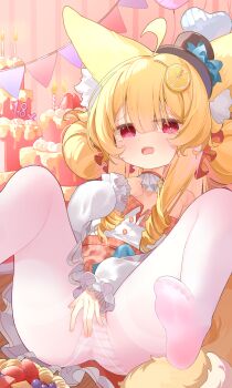 1girl absurdres animal_ear_fluff animal_ears blonde_hair cake character_age chinese_commentary commentary_request crotch_seam food fox_ears fox_girl fox_tail fruit hat highres large_variant_set loli ningmeng_jing_jing_jing_jing no_shoes open_mouth original panties panties_under_pantyhose pantyhose red_eyes solo strawberry striped_clothes striped_panties tail underwear variant_set white_pantyhose