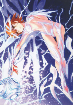 1girl absurdres action bikini blue_legwear blue_panties blush breasts brown_eyes brown_hair choker coin colored_skin electricity electrokinesis energy energy_ball energy_clothes energy_wings fantasy female_focus fingerless_gloves floating flying full_body gloves glowing glowing_clothes glowing_skin glowing_wings hair_between_eyes halo hand_on_own_chest hand_up highres huge_filesize levitation light_blush light_particles magic medium_hair misaka_mikoto misaka_mikoto_level_6_shift navel nude orb outstretched_arm panties parted_lips psychic raika9 scan science_fiction short_hair sideboob small_breasts solo spoilers spread_wings stomach swimsuit teeth thighs toaru_kagaku_no_railgun toaru_majutsu_no_index transformation underwear white_bikini white_footwear white_gloves white_legwear white_panties white_skin white_sleeves white_wings wings