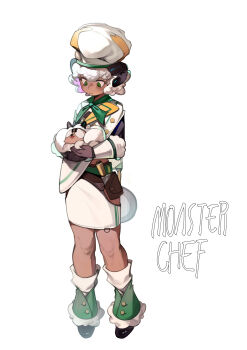 1girl absurdres chef_hat commentary curled_horns dark-skinned_female dark_skin green_hair hat highres horns linween original personification sheep sheep_girl sheep_horns simple_background white_background white_hair wool