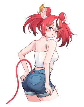 1girl absurdres animal_ear_fluff animal_ears ass back black_hair black_streaks blue_eyes blush breasts commentary crop_top denim denim_shorts double-parted_bangs hair_between_eyes hakos_baelz hand_on_own_ass hashtag-only_commentary highres hololive hololive_english iennie looking_back medium_breasts mouse_ears mouse_tail mousetrap multicolored_hair pants pocket red_hair shirt shorts standing sweatdrop tail thighs tight_clothes tight_pants twintails uneven_twintails virtual_youtuber white_background white_hair white_shirt