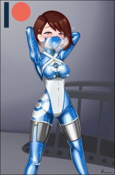 1girl absurdres arms_behind_head blue_bodysuit blush bodysuit breasts breath breathing brown_eyes brown_hair covered_navel eyeshadow gloria_(pokemon) heart heart-shaped_pupils highres large_breasts latex latex_bodysuit latex_leotard latex_mask leotard makeup mask mouth_mask navel nintendo poke_ball pokemon pokemon_swsh rosvo shiny_clothes short_hair symbol-shaped_pupils thighs