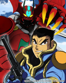 1boy black_hair blu-ray_cover brown_eyes claws cloud cover getter_arc getter_robo getter_robo_arc glowing glowing_eyes gun hair_behind_ear handgun highres holding holding_gun holding_weapon looking_to_the_side mecha nagare_takuma official_art open_mouth pilot_suit revolver robot science_fiction sky upper_body v-shaped_eyebrows weapon yellow_eyes