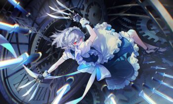 1girl apron arms_up between_fingers black_gloves black_shoes blue_dress bright_pupils clock commentary_request covered_mouth dress eye_trail fingerless_gloves floating frilled_apron frilled_skirt frills from_above full_body gears gloves grey_hair hair_between_eyes high_heels highres holding holding_knife izayoi_sakuya knife kyusoukyu light_trail looking_at_viewer maid maid_apron maid_headdress puffy_short_sleeves puffy_sleeves red_eyes shirt shoes short_hair short_sleeves sideways_glance skirt sleeve_cuffs solo touhou turning_head white_apron white_pupils white_shirt white_wrist_cuffs wrist_cuffs