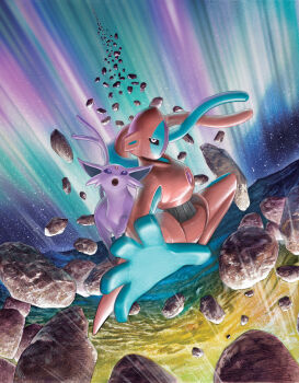 :o absurdres arita_mitsuhiro asteroid aurora black_sclera colored_sclera deoxys deoxys_(normal) dot_nose espeon forehead_jewel forked_tail gen_2_pokemon gen_3_pokemon highres meteor mythical_pokemon nintendo official_art official_wallpaper open_mouth pokemon pokemon_(creature) pokemon_focus pokemon_tcg star_(sky) tail tentacles third-party_source white_eyes