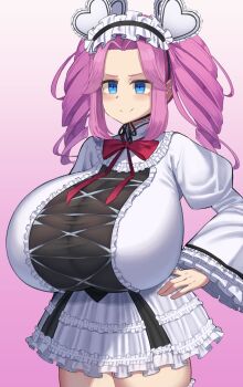 1girl blue_eyes blush bow bowtie breasts cleavage cowboy_shot dekapaiyukari dot_nose dress eyebrows facominn female_focus gradient_background hairband hand_on_own_hip heart highres huge_breasts long_sleeves pink_background pink_hair puffy_long_sleeves puffy_sleeves red_bow shikoku_metan shortstack simple_background skindentation smile solo taut_clothes taut_dress thighhighs thighs twintails upper_body white_dress white_thighhighs