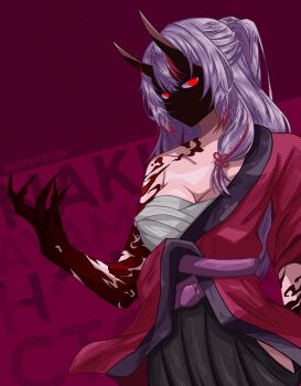 1girl alternate_costume arm_behind_back bare_shoulders breasts cleavage glowing glowing_eyes highres hololive horns japanese_clothes large_breasts looking_at_viewer nakiri_ayame nasterro off_shoulder ponytail purple_hair red_eyes sarashi shaded_face solo tattoo virtual_youtuber