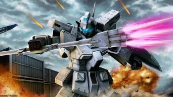 battle beam_trident blue_visor cloud cloudy_sky container copyright_notice debris energy energy_beam glowing gm_(mobile_suit) gm_custom gundam gundam_battle_operation_2 highres machinery mecha mecha_focus mobile_suit no_humans official_art painting_(medium) radio_antenna realistic robot scan science_fiction shield sky sunrise_(company) tenjin_hidetaka traditional_media