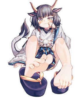 1girl animal_ears barefoot black_hair chaosexceed closed_mouth commentary commission dragon_girl dragon_horns dragon_tail english_commentary highres horns japanese_clothes long_sleeves looking_at_viewer mixed-language_commentary okobo orange_eyes original paid_reward_available platform_sandals sandals short_hair simple_background soles solo tail toes white_background