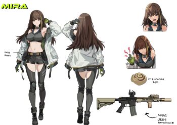 1girl alternate_costume ammunition_pouch armpit_crease assault_rifle belt belt_pouch black_boots black_shorts boots breasts brown_eyes brown_hair buckle chaps cinnamon_roll commentary crop_top english_commentary full_body girls'_frontline gloves green_gloves green_hair grey_background gun highres jacket knee_pads kuro_ten7 large_breasts long_hair m4_carbine m4a1_(girls'_frontline) midriff multicolored_hair multiple_views navel off_shoulder open_clothes open_jacket optical_sight pouch reference_sheet rifle short_shorts shorts simple_background smile snap-fit_buckle standing streaked_hair two-tone_hair weapon white_jacket