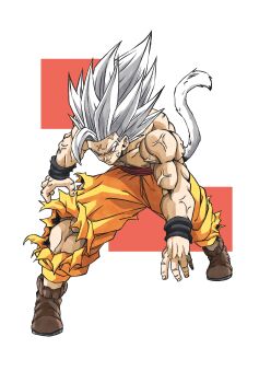 Rule 34 | 1boy, absurdres, battle damage, beatlo (rodrigo38658978), commentary, dragon ball, dragon ball super, dragon ball super super hero, english commentary, facial mark, forehead mark, full body, gohan beast, grey hair, grey tail, highres, long hair, monkey tail, muscular, muscular male, orange pants, pants, red eyes, red sash, sash, simple background, solo, son gohan, spiked hair, standing, tail, topless male, torn clothes, torn pants, veins, white background