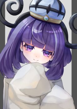 1girl blunt_bangs blush bob_cut closed_mouth coat gwynn_(pokemon) hat highres long_sleeves looking_at_viewer marushi_(marusiiiil) mega_stone nintendo pokemon pokemon_legends:_z-a purple_eyes purple_hair short_hair sleeves_past_fingers sleeves_past_wrists smile solo twitter_username upper_body white_coat
