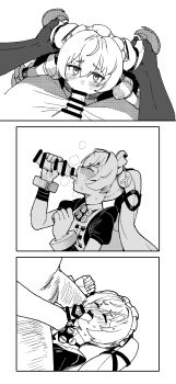 1boy 1girl absurdres apron bar_censor black_dress blush censored corin_wickes cum cum_on_body dress facial fellatio grabbing_another&#039;s_twintails green_hair greyscale hair_between_eyes hball4944 hetero highres licking licking_penis long_hair looking_at_viewer maid maid_headdress monochrome open_mouth oral penis puffy_short_sleeves puffy_sleeves purple_eyes screw_hair_ornament short_sleeves twintails zenless_zone_zero