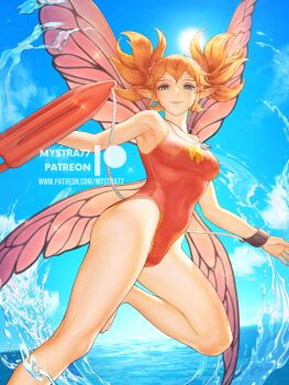 Rule 34 | 1girl, artist name, blue eyes, breasts, butterfly wings, day, facial mark, fairy wings, feo ul, final fantasy, final fantasy xiv, highleg, highleg one-piece swimsuit, insect wings, lifeguard, looking at viewer, medium breasts, mystra77, one-piece swimsuit, orange hair, pointy ears, red one-piece swimsuit, short hair, short twintails, solo, swimsuit, twintails, water, watermark, web address, whistle, whistle around neck, wings