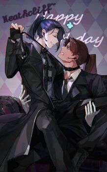 Rule 34 | 2boys, argyle background, belt collar, belt pull, black coat, black hair, black necktie, black pants, chest belt, choker, closed eyes, coat, collar, collared shirt, commentary, couch, english commentary, full-stop office (identity) (project moon), gloves, grey shirt, grin, happy birthday, heathcliff (project moon), high ponytail, highres, hong lu (project moon), lapels, limbus company, male focus, multiple boys, necktie, notched lapels, pants, ponytail, project moon, shirt, sitting, sitting on lap, sitting on person, smile, tiinasai, white gloves, white shirt