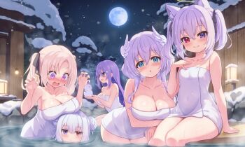 Rule 34 | 5girls, amau meiko, animal ears, blue eyes, blush, breasts, cleavage, closed mouth, commentary request, commission, double bun, full moon, hair bun, halo, heterochromia, highres, hololive, hololive indonesia, hoshifuri iku, indie virtual youtuber, large breasts, long hair, looking at viewer, moon, moona hoshinova, multiple girls, naked towel, night, nose blush, onsen, open mouth, outdoors, prism project, psd available, purple eyes, purple hair, red eyes, sitting, skeb commission, small breasts, smile, towel, traditional halo, tsukinami nato, twintails, uten hiyori, virtual youtuber, white hair, yellow halo, zusshii (libertasgenesis)