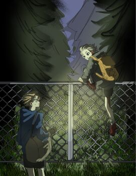 2boys aged_down backpack bag black_eyes black_hair black_hoodie black_shorts blue_hoodie brothers brown_hair chain-link_fence climbing dr._stone fence glasses grass grey_hoodie grey_shorts hair_slicked_back highres hood hood_down hoodie long_sleeves looking_at_another male_focus multicolored_hair multiple_boys nature night outdoors profile shoes short_hair shorts siblings smile socks standing stanley_snyder_(dr.stone) streaked_hair tree two-tone_hair xeno_(dr.stone) yellow_bag yoshida_(hshs_130)