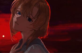 Rule 34 | 1girl, blue eyes, empty eyes, highres, higurashi no naku koro ni, looking at viewer, moon, nasu (nasuotabe), orange hair, red light, red sky, ryuuguu rena, school uniform, shirt, short hair, sky, smile, solo