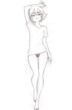 1girl absurdres ass barefoot breasts feet highres huge_ass legs lying original panties shirt smirk solo thick_thighs thighs tight_clothes tight_shirt tsuicaa underwear wide_hips