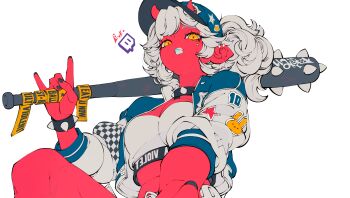 Rule 34 | 1girl, :q, \m/, absurdres, baseball cap, black collar, black nails, blue hat, bracelet, breasts, cleavage, closed mouth, club (weapon), collar, colored skin, commentary, cropped jacket, cropped shirt, demon girl, ear piercing, elliemaplefox, english commentary, english text, eyelashes, hat, highres, holding, holding club, holding weapon, horns, horns through headwear, jewelry, knee up, lips, long hair, long sleeves, medium breasts, midriff, oni, original, piercing, pointy ears, ponytail, red horns, red skin, shirt, sidelocks, simple background, solo, spiked bracelet, spiked collar, spikes, tongue, tongue out, twitch logo, upper body, weapon, white background, white hair, white lips, white shirt, yellow eyes