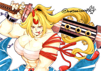 1girl abs absurdres blonde_hair breasts chest_sarashi cleavage club club_(weapon) commentary_request cone_horns cuffs high_ponytail highres holding holding_club holding_weapon horns hoshiguma_yuugi kanabou large_breasts long_hair looking_at_viewer matsuri_kyuuta muscular muscular_female navel open_mouth ponytail red_eyes red_horns rope sarashi simple_background single_horn solo star_(symbol) sword tongue tongue_out touhou traditional_media weapon white_background