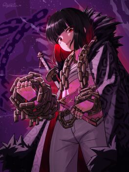 1girl 99dulgi belt black_hair blunt_bangs blunt_ends book chain chest_sarashi clenched_hand coat commentary_request dated from_below fur-trimmed_coat fur_trim glowing glowing_tattoo grey_pants highres holding holding_book jacket jacket_on_shoulders korean_commentary limbus_company logo looking_at_viewer middle_(identity)_(project_moon) pants project_moon purple_background red_eyes ryoshu_(project_moon) sarashi signature smile solo standing sword sword_on_back tattoo weapon weapon_on_back