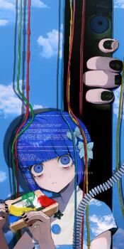 Rule 34 | 1girl, bags under eyes, black nails, blending, blue eyes, blue hair, blue screen of death, blunt bangs, bow, bread, bread slice, cable, closed mouth, floppy disk, food, hair bow, highres, holding, holding food, kurehalxxx, looking at viewer, nail polish, original, short sleeves, toast