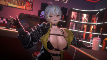 1girl ahoge bar_(place) belt belt_buckle bikini black_bikini blonde_hair breasts buckle choker cleavage fingerless_gloves gloves highres jacket jewelry large_breasts looking_at_viewer luvdia multicolored_hair navel necklace open_mouth park_dona short_hair smile streaked_hair swimsuit virtual_youtuber white_hair yellow_eyes