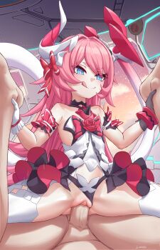 1girl :q absurdres amazon_position ankle_grab arm_scrunchie assertive_female asymmetrical_gloves asymmetrical_horns bare_shoulders blue_eyes censored clitoris clothing_aside dress flower girl_on_top gloves hair_intakes highres holding_legs honkai_(series) honkai_impact_3rd horns huge_filesize loli long_hair looking_at_viewer luizhtx mechanical_horns mismatched_gloves mosaic_censoring motion_lines penis pink_hair pov pussy red_flower red_rose rose rozaliya_olenyeva sex smile solo_focus spread_legs tongue tongue_out uneven_horns vaginal very_long_hair