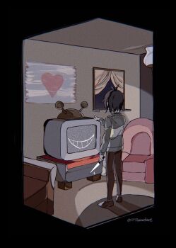 1other androgynous antenna_hair arm_at_side armchair black_border black_hair border brown_pants brown_shoes chair curtains deltarune facing_away from_behind green_sweater grin heart highres holding holding_knife indoors knife kris_(deltarune) loafers long_sleeves night other_focus pants rug scenery shoes short_hair smile solo sonokare standing static sweater television twitter_username utdr_(toby_fox) window