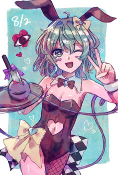 Rule 34 | 1girl, animal ears, asymmetrical legwear, black leotard, black pantyhose, blood, bow, breasts, bunny day, clothing cutout, commentary, dated, detached collar, fishnet pantyhose, fishnets, green eyes, green hair, hair bow, heart, highres, holding, holding tray, knife, komeiji koishi, leotard, lholding tray, looking at viewer, medium hair, navel, navel cutout, nek0magur0, one eye closed, open mouth, pantyhose, playboy bunny, rabbit ears, single leg pantyhose, small breasts, solo, strapless, strapless leotard, third eye, touhou, tray, v, white wrist cuffs, wrist cuffs, yellow bow