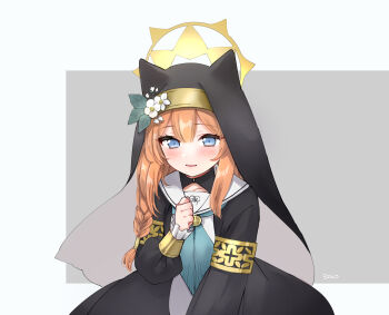 Rule 34 | 1girl, animal ear headwear, asymmetrical hair, blue archive, blue eyes, blue neckerchief, braid, clenched hand, fake animal ears, flower, habit, hair between eyes, halo, hand on own chest, hat, hat flower, highres, long hair, looking at viewer, mari (blue archive), neckerchief, nun, orange hair, parted lips, pixiv username, saburou 03, sailor collar, simple background, single braid, smile, solo, upper body, white flower, white sailor collar