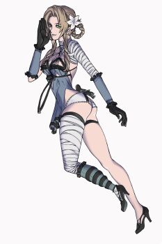 1girl aerith_gainsborough aerith_gainsborough_(garb_of_the_possessed) ass bandaged_arm bandaged_foot bandaged_leg bandaged_neck bandages black_gloves black_shoes blue_negligee blue_sleeves braid braided_hair_rings breasts brown_hair butt_crack cosplay detached_sleeves final_fantasy final_fantasy_vii final_fantasy_vii:_ever_crisis floating flower full_body gloves green_eyes hair_flower hair_ornament hair_rings hand_to_own_mouth herzenreine high_heels highres kaine_(nier) kaine_(nier)_(cosplay) legs lingerie looking_at_viewer medium_breasts negligee official_alternate_costume panties parted_bangs parted_lips shoes sidelocks single_bare_shoulder skindentation smile solo thigh_strap underwear white_background white_flower white_panties