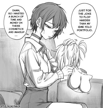 1girl absurdres artist_name breast_padding choker collared_shirt commentary english_text greyscale half-closed_eyes highres holding_wig long_sleeves looking_down monochrome original parted_bangs parted_lips senukin shirt short_hair sitting skirt small_sweatdrop speech_bubble talking twitter_username unworn_wig wig