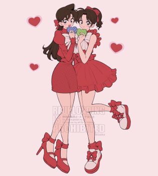 Rule 34 | 2girls, ba ko, bare arms, bare shoulders, blush, bow, box, brown hair, closed mouth, commentary, dress, gift, gift box, hair ribbon, heart-shaped box, high heels, highres, holding, holding gift, juliet sleeves, long hair, long sleeves, meitantei conan, mouri ran, multiple girls, open mouth, parted bangs, pink background, pink dress, pink ribbon, pink shoes, ponytail, puffy sleeves, pumps, ribbon, shoes, short dress, sleeveless, sleeveless dress, smile, tooyama kazuha, twitter username, untranslatable commentary, valentine, white bow, white shoes