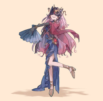 1girl chaos_haltiere_(grimms_notes) grimms_notes grin hand_fan highres holding holding_fan kmmm leg_up long_hair smile solo source_request teeth wavy_hair