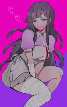 Rule 34 | 1girl, apron, bandage on knee, bandaged arm, bandaged leg, bandages, between legs, blunt bangs, chocoare, collared shirt, commentary request, danganronpa (series), danganronpa 2: goodbye despair, eyelashes, grey skirt, hand between legs, heart, highres, long hair, mole, mole under eye, pink shirt, puffy short sleeves, puffy sleeves, purple eyes, purple hair, shirt, short sleeves, simple background, sitting, skirt, smile, solo, tsumiki mikan, two-tone background, white apron