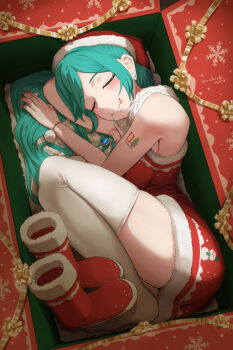 1girl :p arm_tattoo bare_shoulders boots christmas christmas_tree closed_eyes commentary commentary_request dress earrings fur-trimmed_boots fur-trimmed_dress fur-trimmed_headwear fur_trim gold_ribbon green_hair hat hatsune_miku highres jewelry long_hair lying nose_bubble on_side ribbon santa_hat sleeping snowman snowman_print solo tattoo thighhighs tongue tongue_out vocaloid white_thighhighs yukichi_(yu-ame) zettai_ryouiki