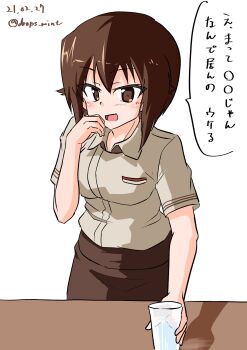 1girl :d absurdres blush breasts brown_eyes brown_hair brown_shirt brown_skirt cafe cup drops_mint girls_und_panzer highres holding holding_cup large_breasts long_skirt looking_at_viewer nishizumi_maho open_mouth shirt short_sleeves skirt smile solo table water