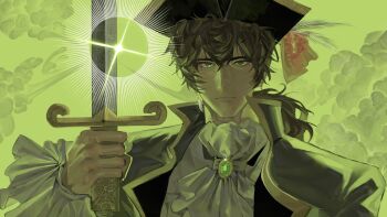 Rule 34 | 1boy, ascot, axis powers hetalia, bicorne, brown hair, coat, earrings, green background, green eyes, hashtag-only commentary, hat, highres, holding, holding sword, holding weapon, jewelry, looking at viewer, low ponytail, male focus, medium hair, mole, mole under eye, ponytail, portugal (hetalia), renpizhangyu, shirt, solo, sword, upper body, wavy hair, weapon